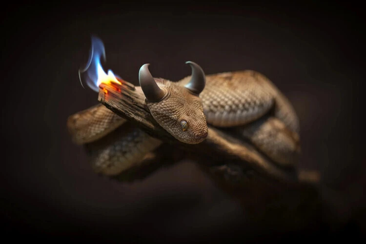 A snakw with horn on a wood stick in fire