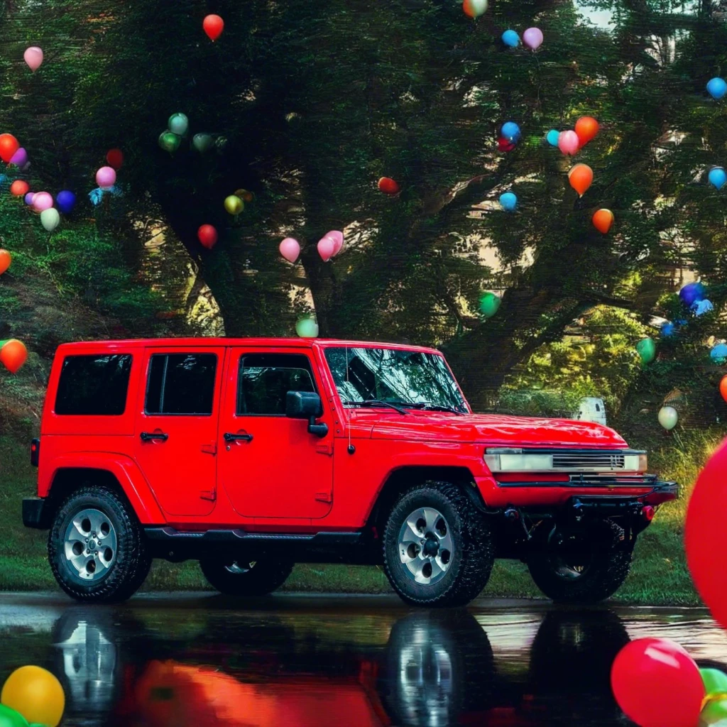a red car with balloons