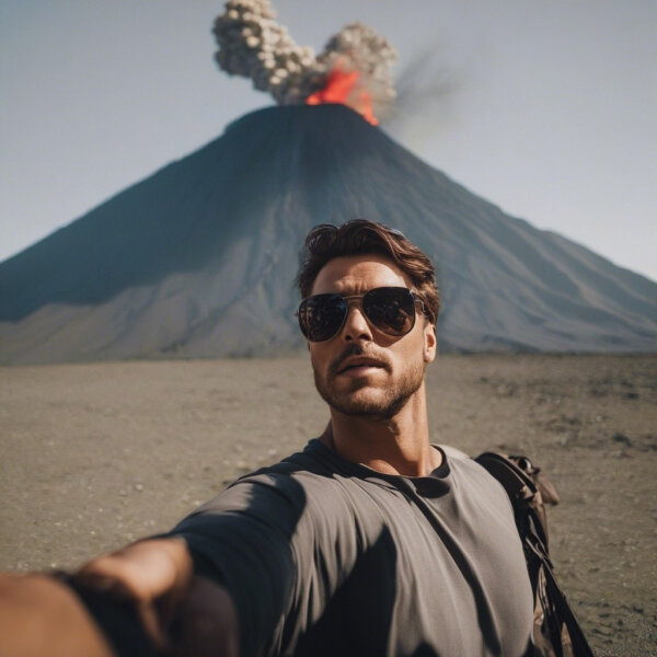 a selfi of a man in front of a volcano