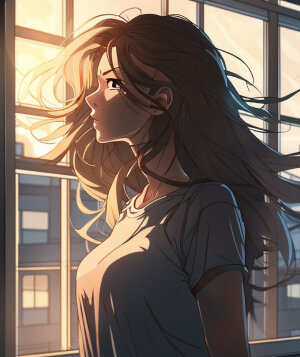 Woman standing in front of a window with her hair blowing, modern anime, highly detailed, digital drawing, perfect composition, light atmosphere, evening light