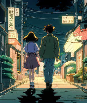 1990s anime low resolution screengrab couple walking away in street at night