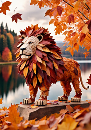 A lion made entirely of autumn leaves. standing on a hill overlooking a crystal clear lake