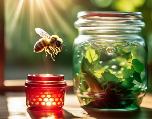 Bee flying out of a glass jar in a green and red leafy basket, glass and lens flare, diffuse lighting elegant