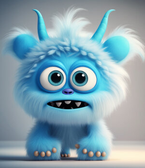 Blue furry monster with two large eyes and a big nose on white background, cute, first day of school, photo shooting, pixar animation