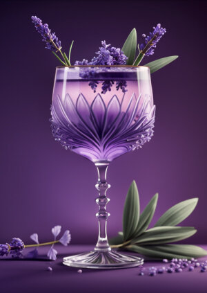 Elegant lavender garnish cocktail idea, cocktail glass, realistic, sharp focus, 8k high definition, insanely detailed, intricate