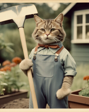 Portrait photo of an anthropomorphic farmer cat holding a shovel in a garden vintage film photo