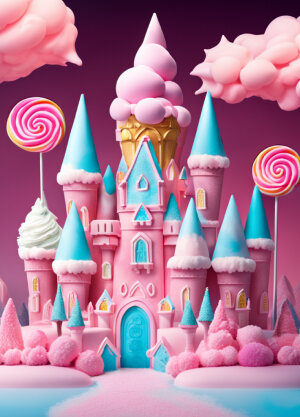 A frozen castle made entirely of ice cream in a land of cotton candy clouds and lollipop trees