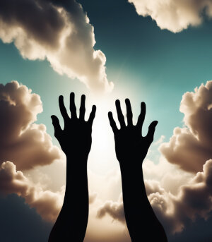 Two hands silhouettes reaching to the sky reaching the clouds