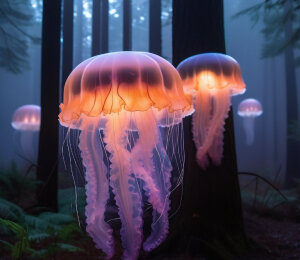 Glowing jellyfish floating through a foggy forest at twilight