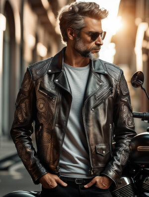 Man in a leather jacket standing next to a motorcycle light shadow effects intricate highly detailed digital