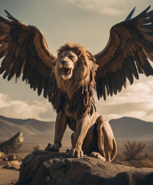 Detailed photo of a creature with the body of a lion and the wings of an eagle cinematic still