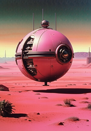 A mechanical sphere floating over a pink desert, 1970's sci fi, by Ridley Scott, Alfonso Cuarón