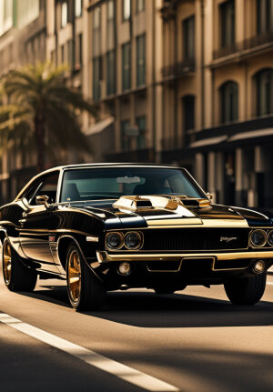 Black muscle car, with a golden engine in the front, empty street, sunny city background