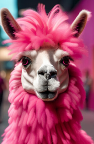 Pink llama with a fuzzy hairdo, positive energy, happy, octane, substance, art history museum 8k