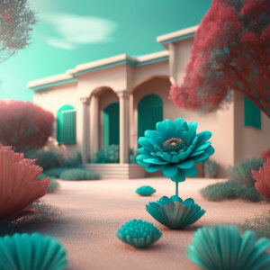 A teal flower in a barren garden, beautiful villa background, octane, redshift, highly detailed