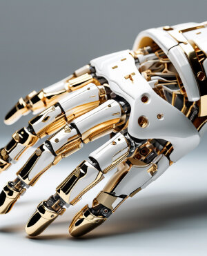 Robotic hand with gold and white accents