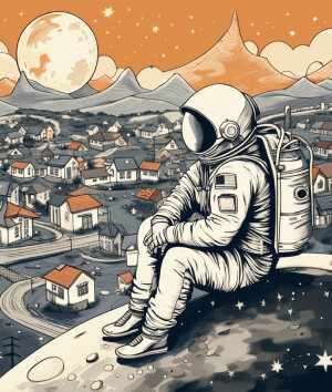 An astronaut sitting on the moon, friendly town background, stars, beautiful