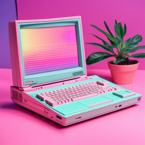 A laptop computer from the 90's in the style of vaporwave, pastel colors