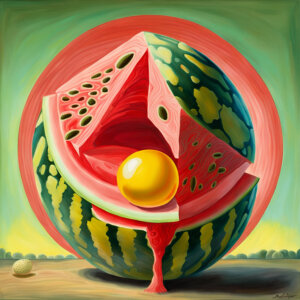 surrealistic painting of a water melon with egg yolk inside