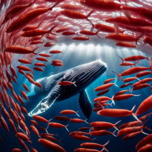 Under water photography, whale swimming through a cloud of krill, national geographic, nature photography, nikon dslr, wide angle shot