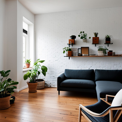 A living room with a wall of bricks painted in white and with few plants