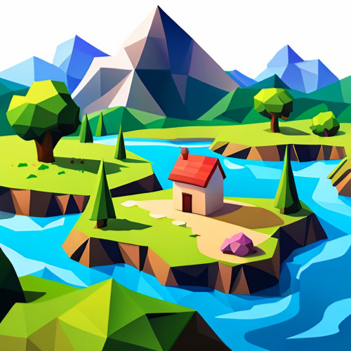 A small land with a river and a little house