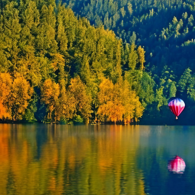 A colored hot air balloon on a calm lake