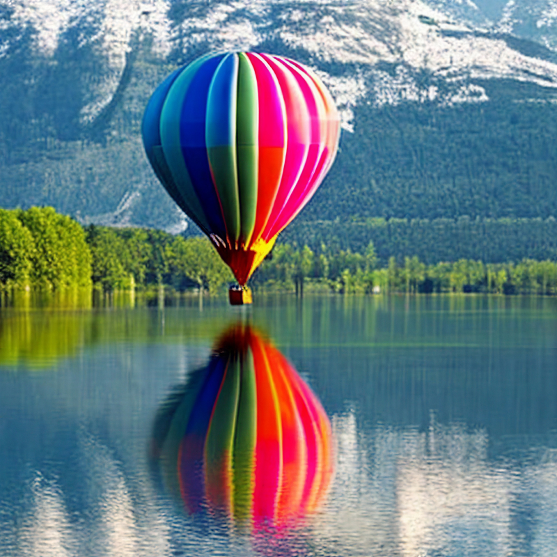 A colored hot air balloon on a calm lake
