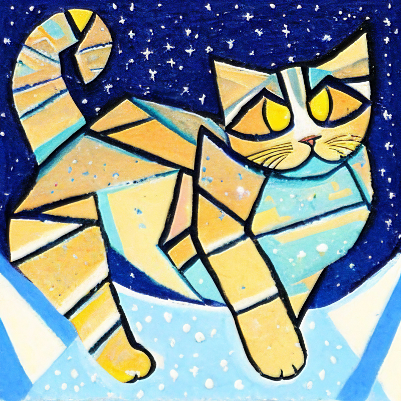 A cat jumping in the snow in a cubism style