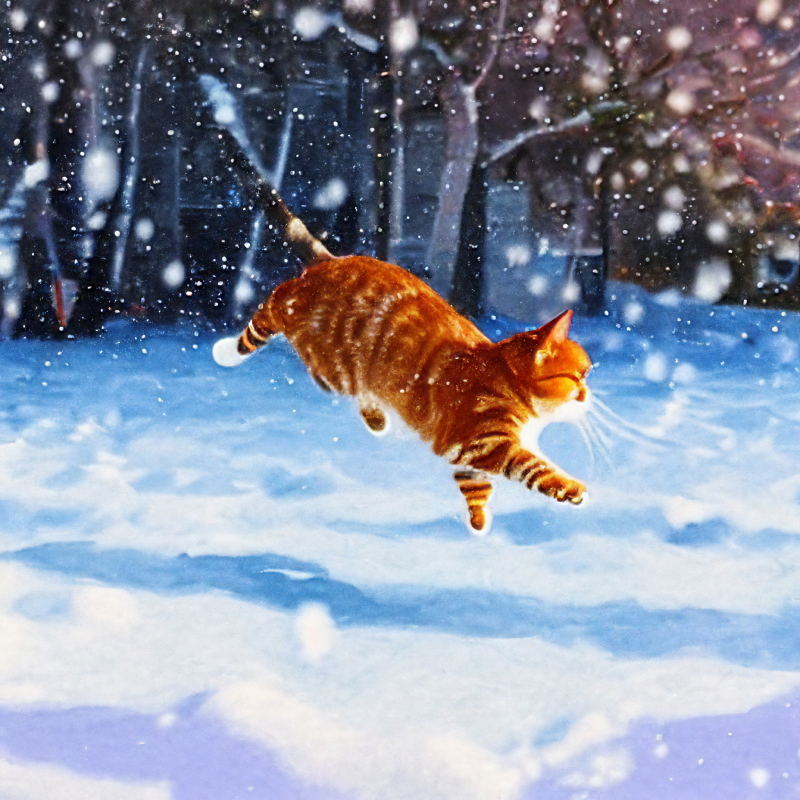 A cat jumping in the snow in an impressionism paint style