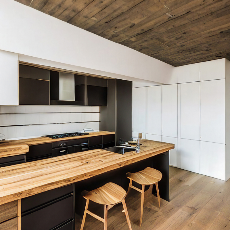 A modern kitchen with a wooden working surface